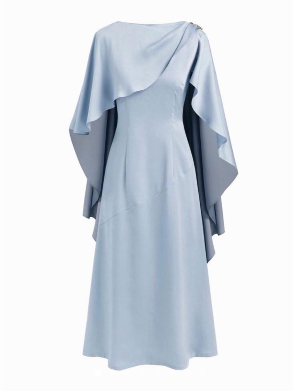 NWT CIDER Light Blue Satin Boat Neck Ruffle Cape Maxi Dress Sz S